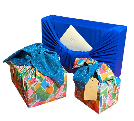 Set of 3 (S, L, XL) Reusable Cloth Furoshiki Gift Wrap | Holiday Shapes & Deep Blue
