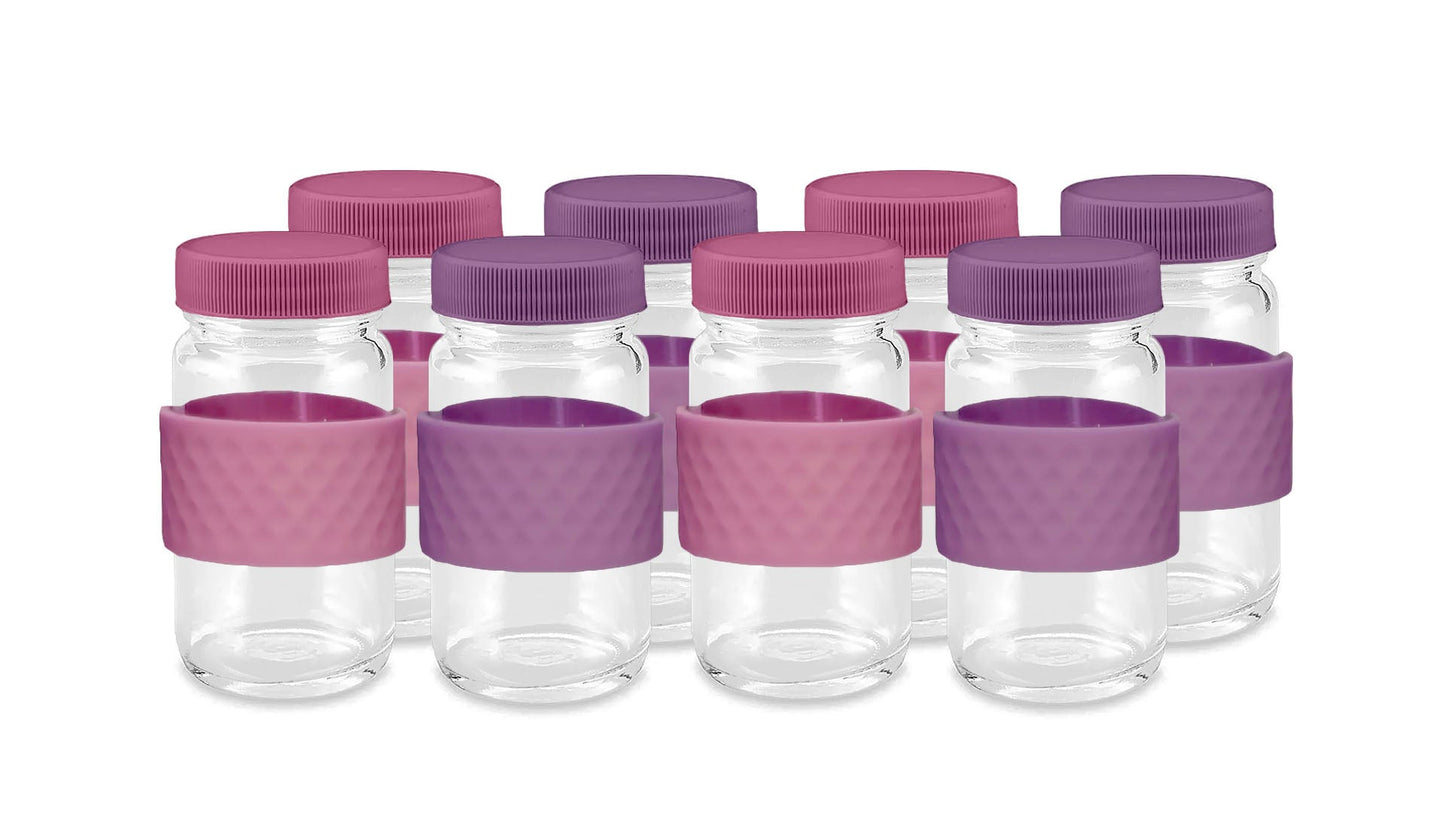 Glass Juice Shot Bottles Set w/ Colored Lids & Grip Bands, 8 Pack Set, 2oz