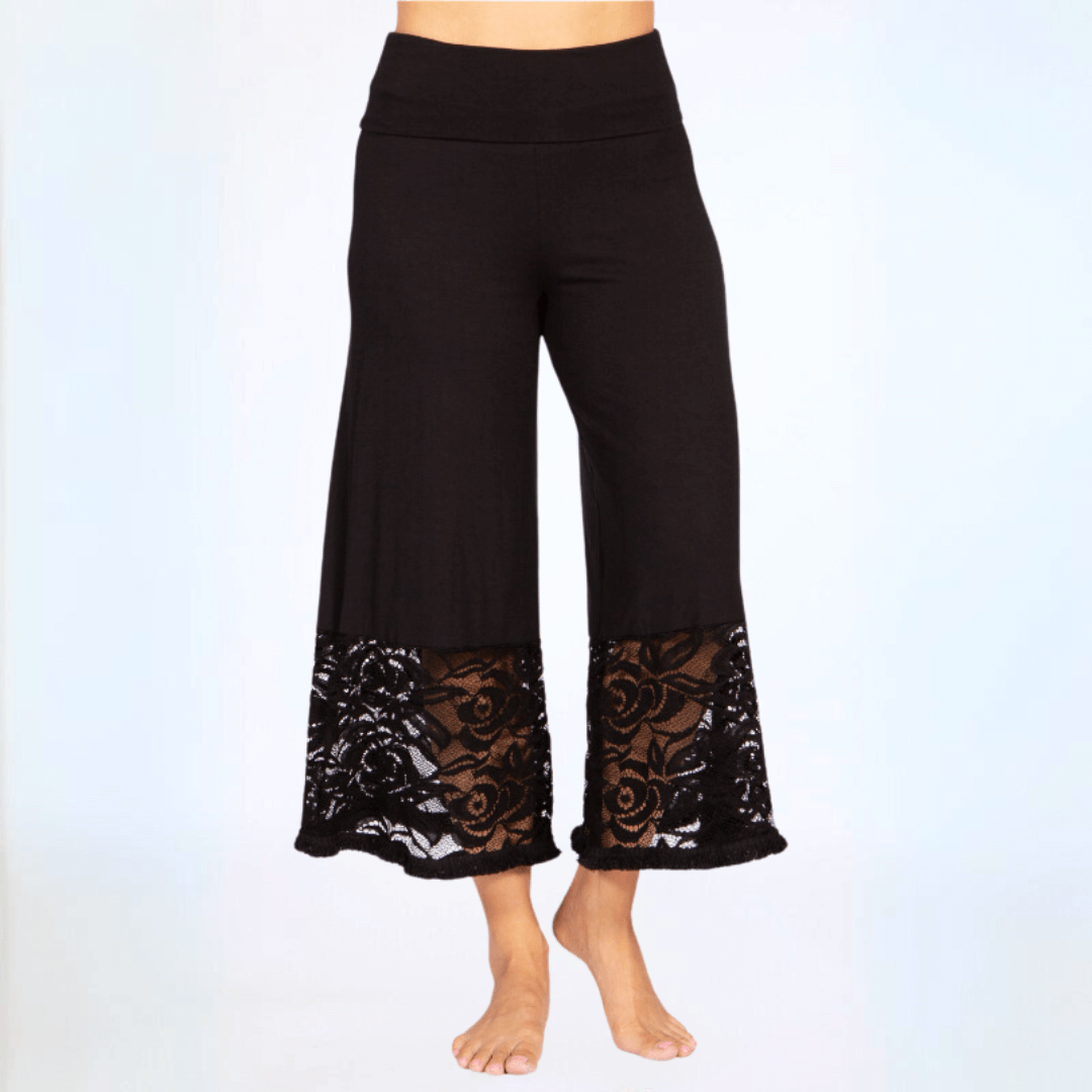 Black Lace Hem Wide Leg Pants Made in USA Plus Size - Concordia Style Boutique