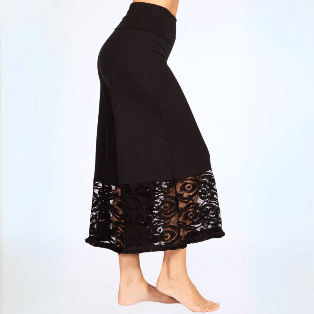 Black Lace Hem Wide Leg Pants Made in USA Plus Size - Concordia Style Boutique