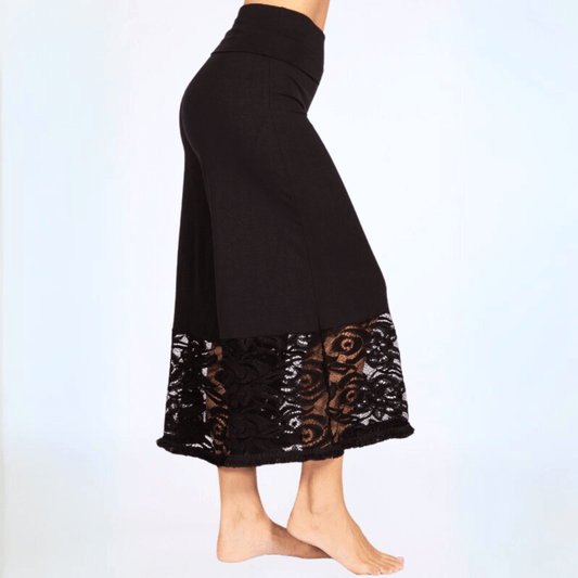 Black Lace Hem Wide Leg Pants Made in USA Plus Size - Concordia Style Boutique