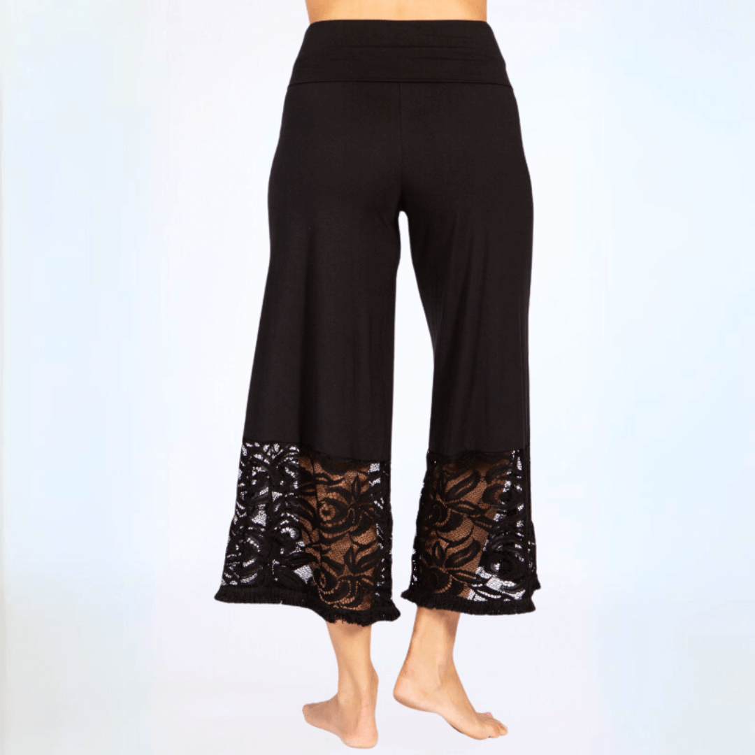 Black Lace Hem Wide Leg Pants Made in USA Plus Size - Concordia Style Boutique