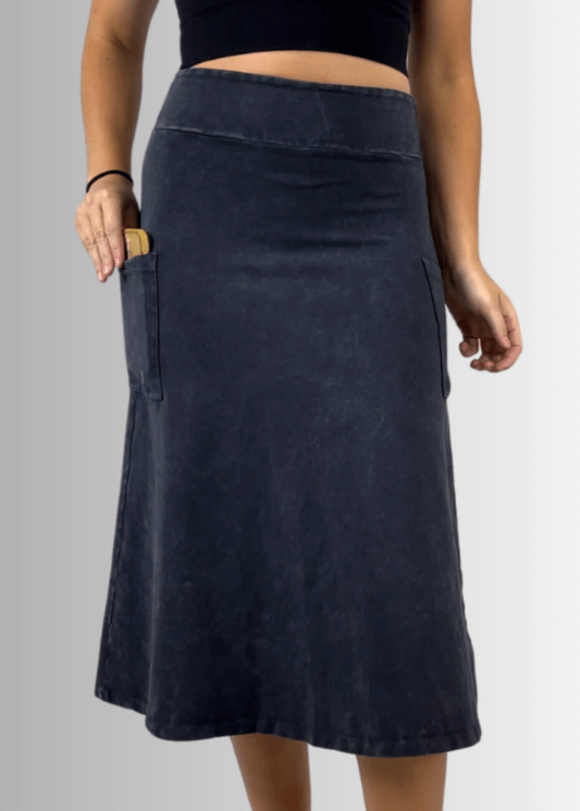 Alyssa Very Versatile Cotton Skirt in Dark Grey-Blue Denim - Concordia Style Boutique