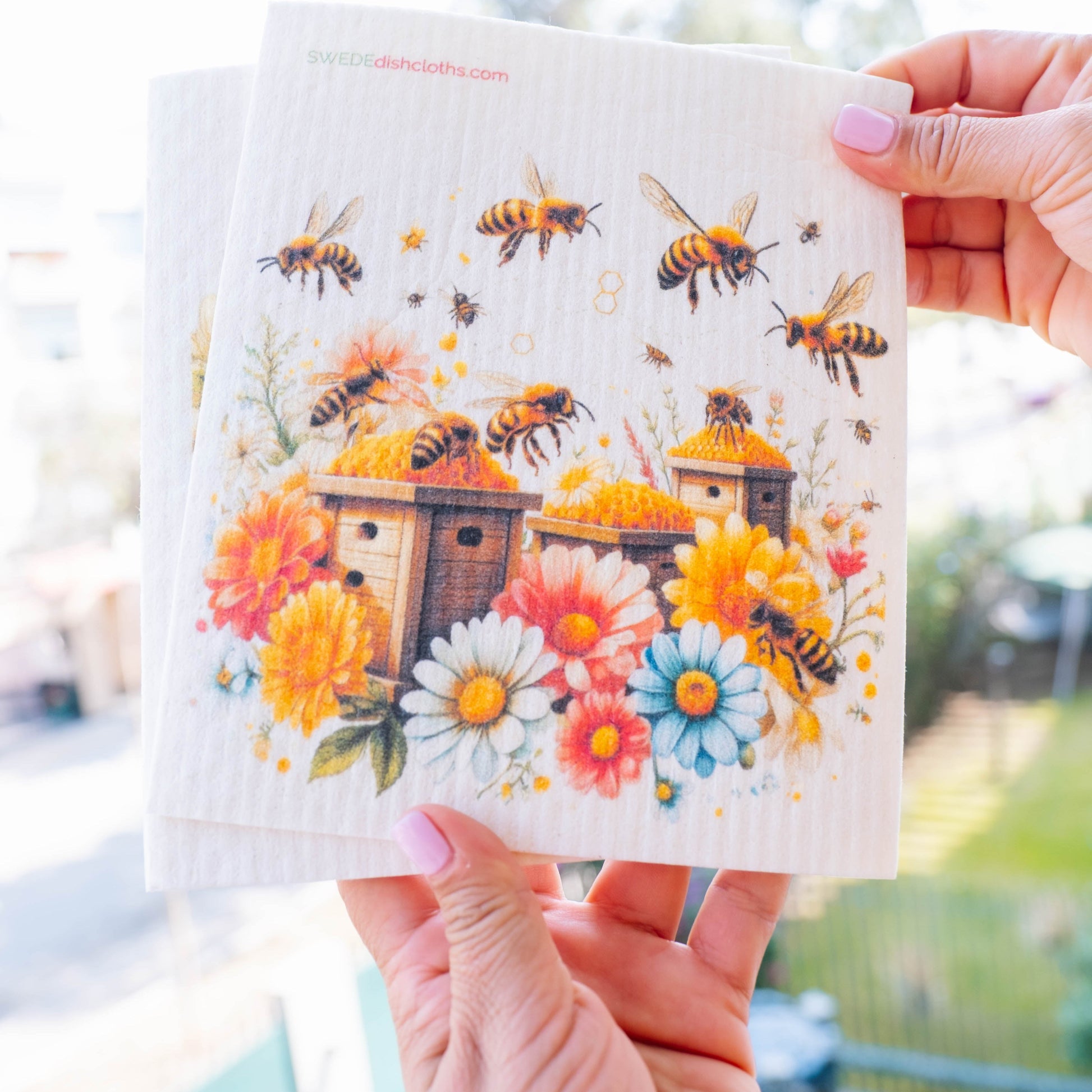 Eco-Friendly Swedish Dishcloths - Bees with Wood Beehive Set of 3 (Paper Towel Replacements) - Concordia Style Boutique