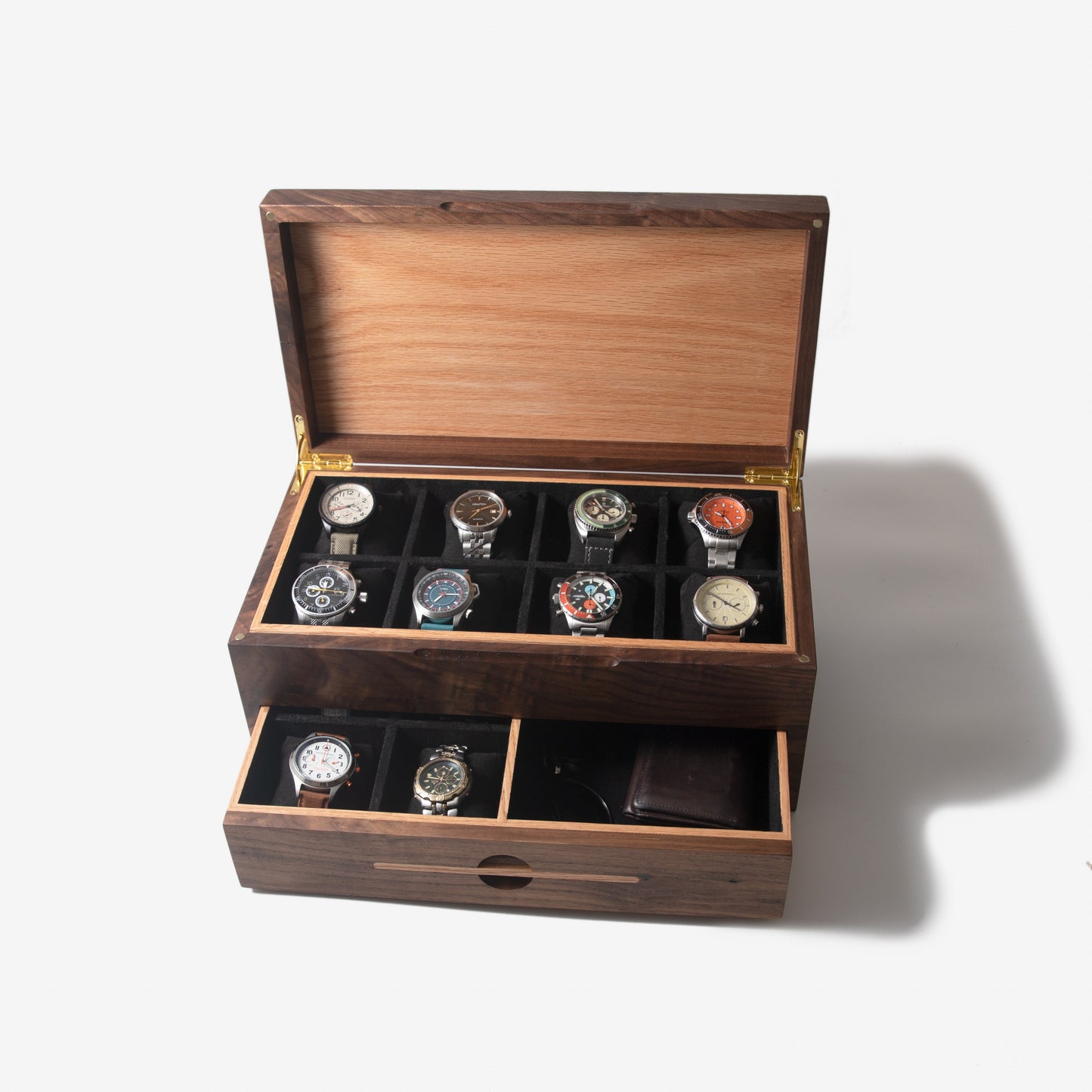 Watch Box with Drawer - Black Walnut and Oak - 12 to 16 Watch Compartments
