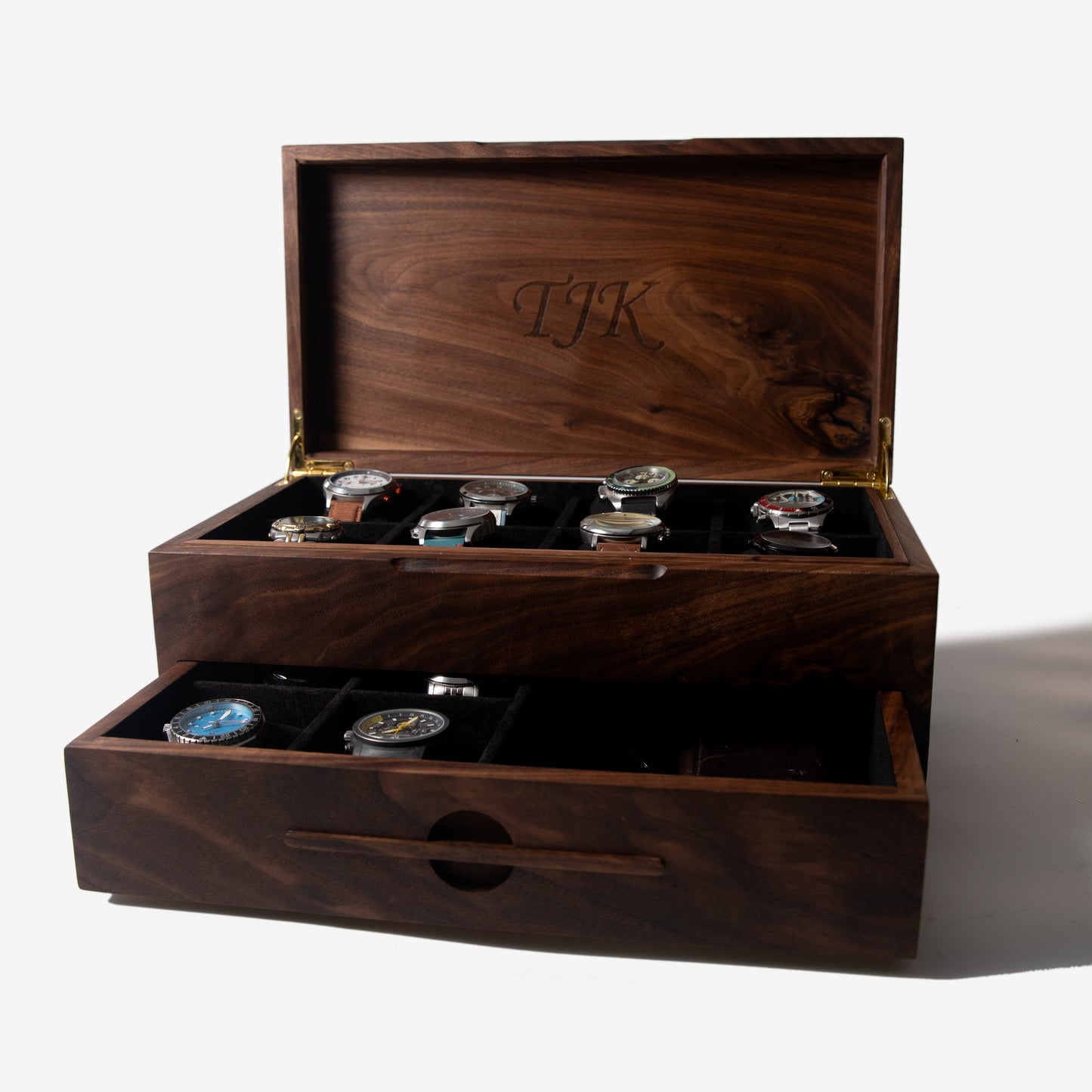 Watch Box with Drawer - Solid Black Walnut - 12 to 16 Watch Compartments