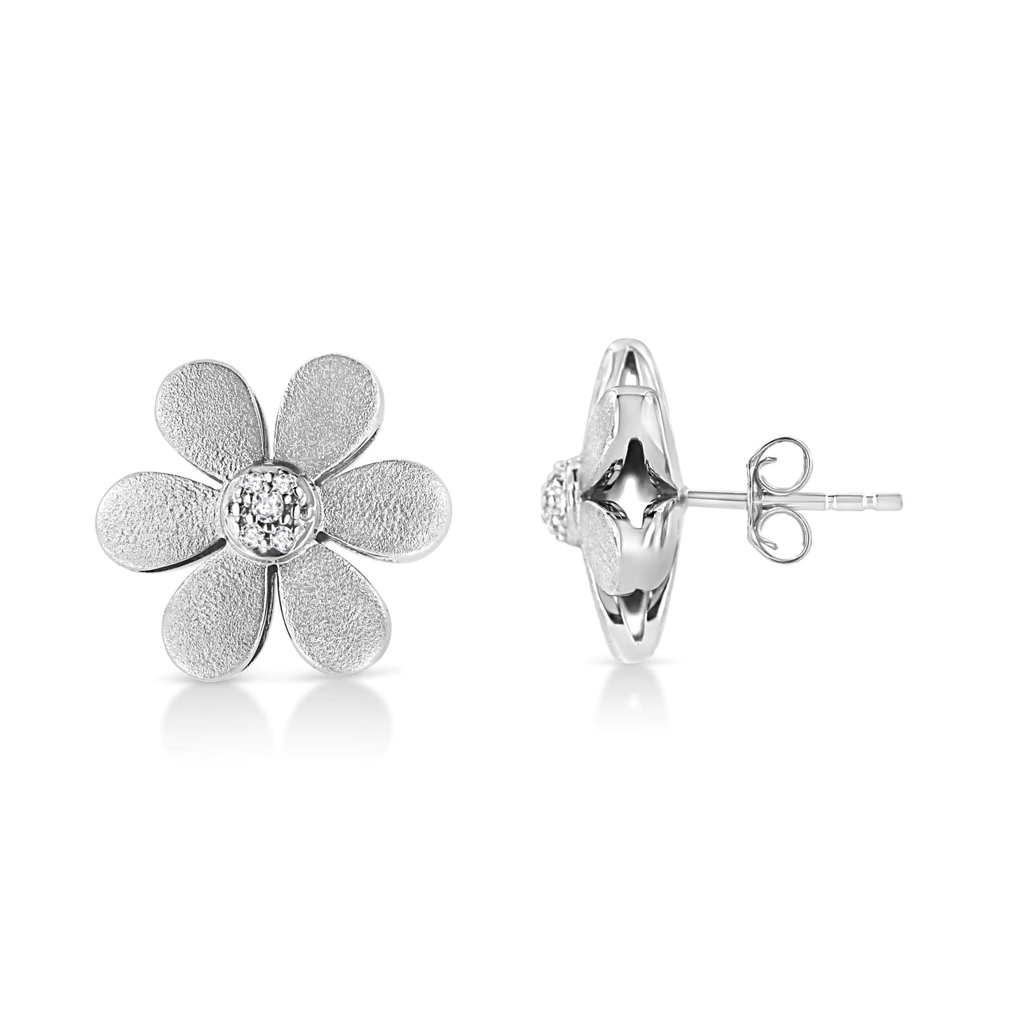 Matte Finished .925 Sterling Silver Diamond Accent Flower Hoop Stud Earring (I-J Color, I1-I2 Clarity) - Concordia Style Boutique