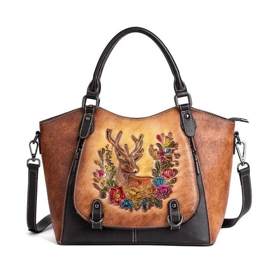 Vintage Deerskin Leather Handbag with Deer and Flower Artwork