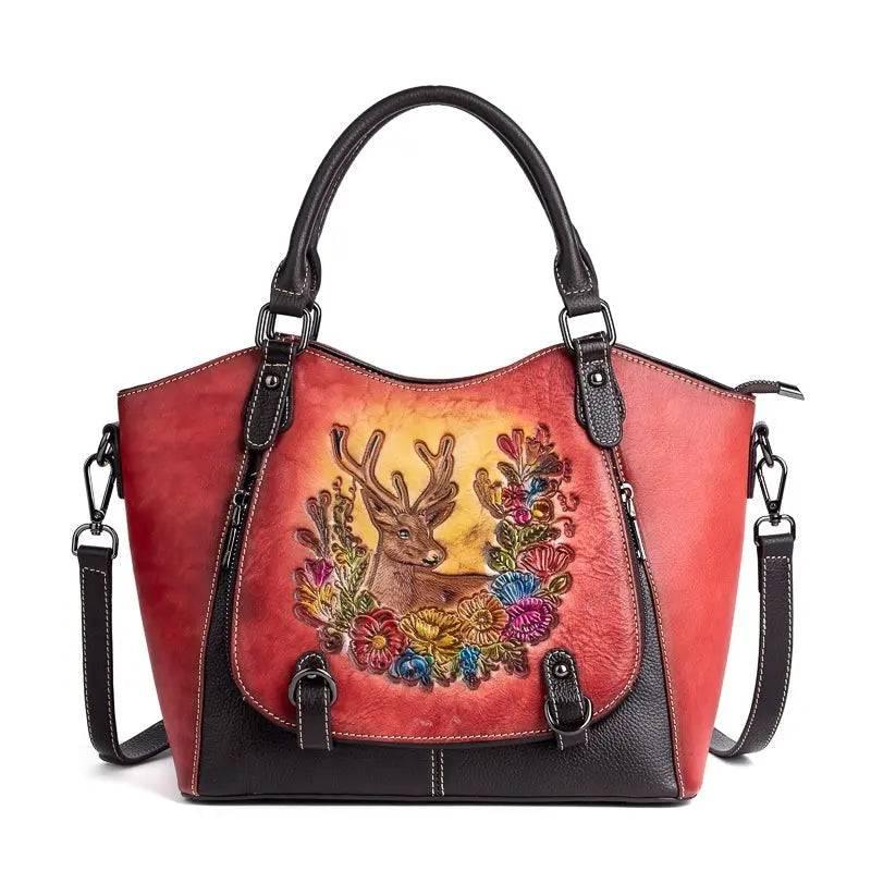 Vintage Deerskin Leather Handbag with Deer and Flower Artwork