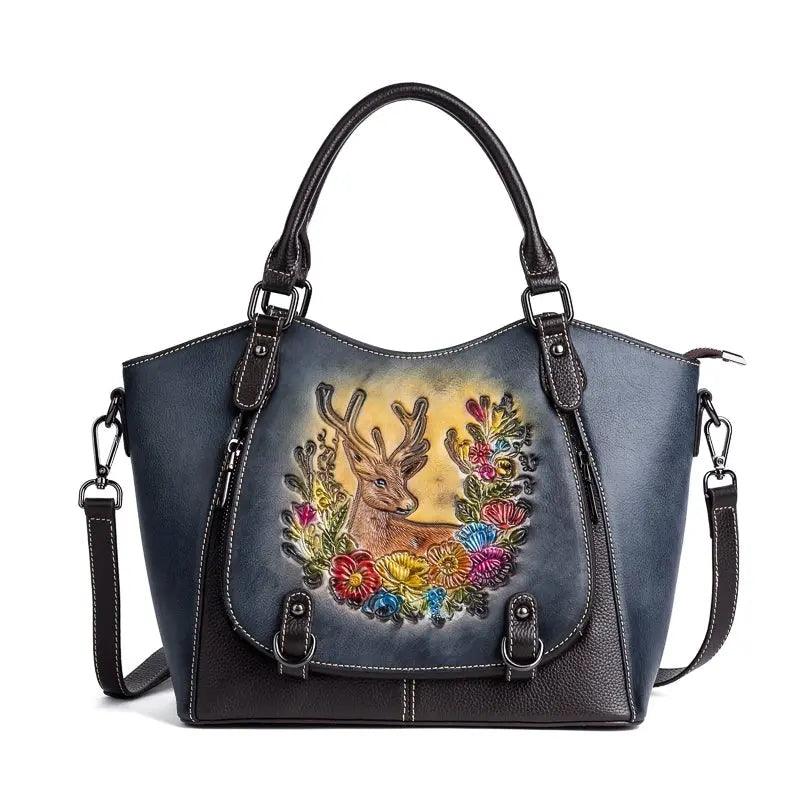 Vintage Deerskin Leather Handbag with Deer and Flower Artwork