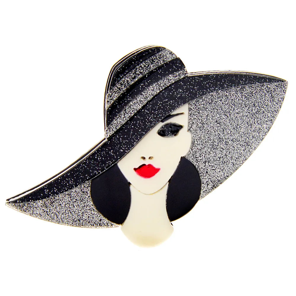 CINDY XIANG Acrylic Big Hat Lady Brooch Acetate Pin Elegant Women Jewelry