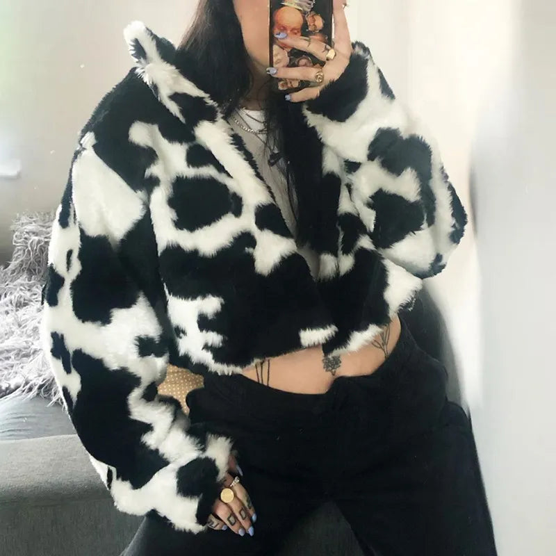 Cow Print Faux Furry Cropped Coat - Concordia Style Boutique