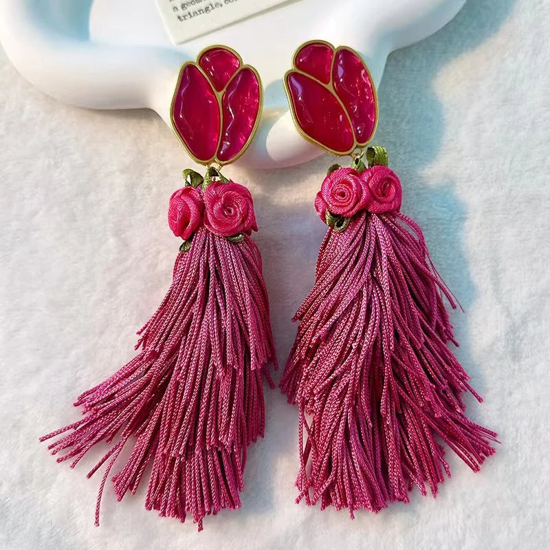 Handmade Cotton Long Tassel  Earrings