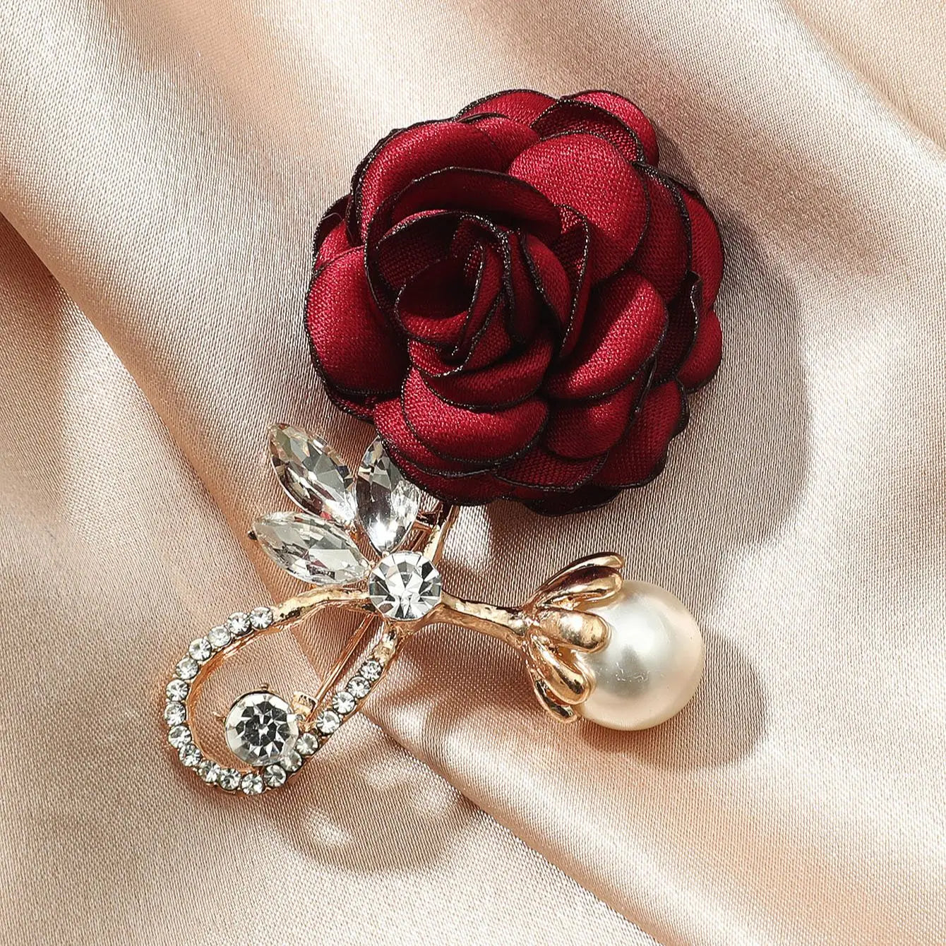 Red Rose Pearl Crystal Brooch Fashion Accessory
