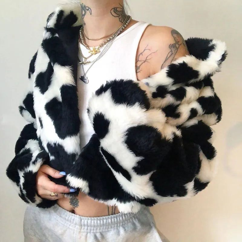 Cow Print Faux Furry Cropped Coat - Concordia Style Boutique