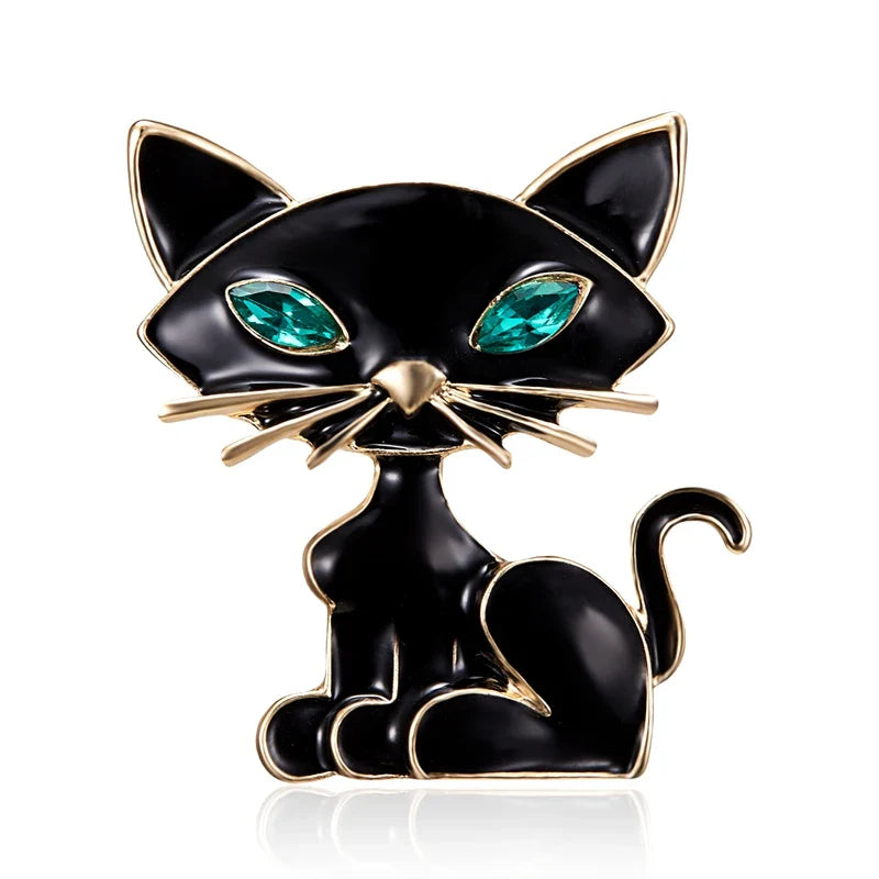 Vintage Rhinestone Black Cat Brooch Lapel Pin Jewelry Gift