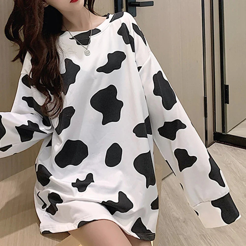 Long Sleeve Loose Cow Print Top