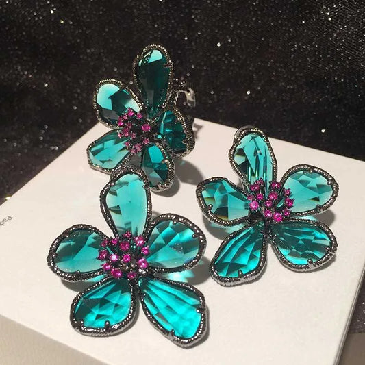 Crystal Flower Stud Earrings Brooch Ring Jewelry for Women Vintage Party Gift