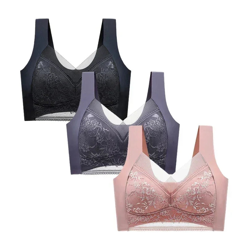 FallSweet 3PCS Lace Push Up Bras for Women Sexy Wireless Bra Ice Silk Deep V Bralette Tops Female Lingerie Mom's Underwear L-5XL