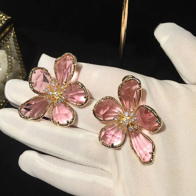Crystal Flower Stud Earrings Brooch Ring Jewelry for Women Vintage Party Gift