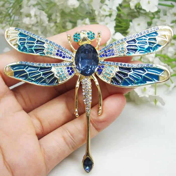 Blue Crystal Dragonfly Brooch Pin Woman's Gift