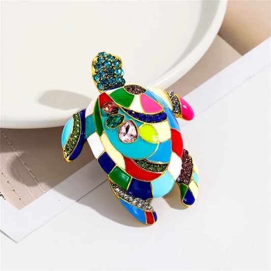 Colorful Enamel Turtle Brooch Rhinestone Pin Luxury Design