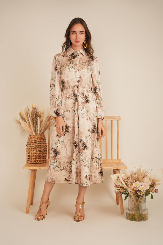 Printed Satin Belted Shirt Dress - Concordia Style Boutique