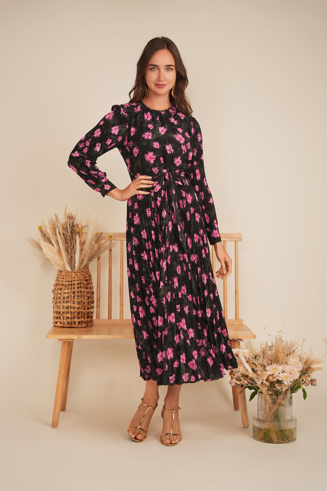 Satin Mosaic Pleated Midi Dress - Concordia Style Boutique