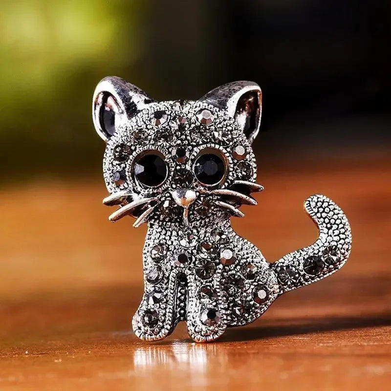 Vintage Rhinestone Cat Brooch Pin Silver Jewelry Accessories