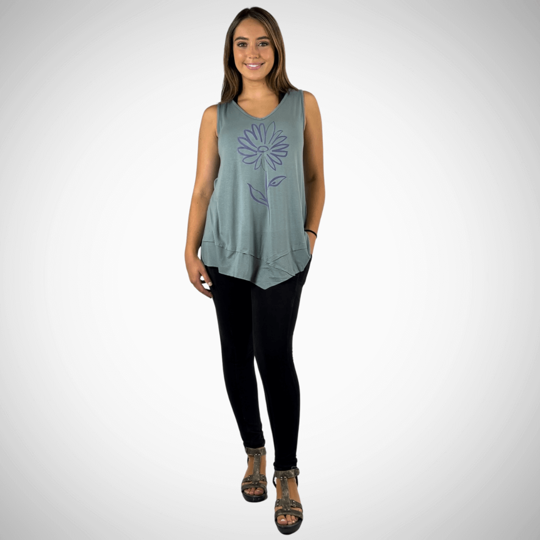 Daisy Graphic Sleeveless Tunic Light Sage Made in USA - Concordia Style Boutique