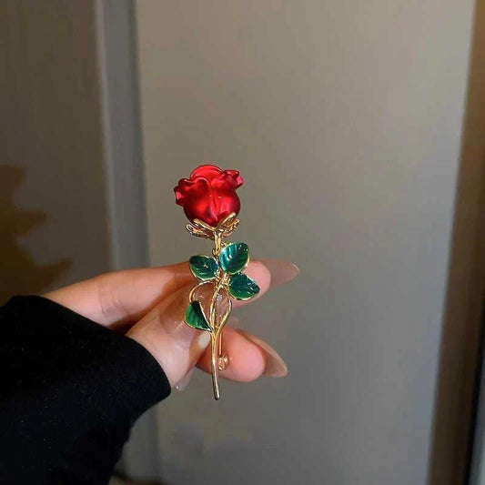 Vintage Enamel Rose Brooch Pin - Women's Fashion Accessory