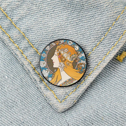 Zodiac Alphonse Mucha Brooch Pin Shirt Lapel Bag Badge Jewelry Gift