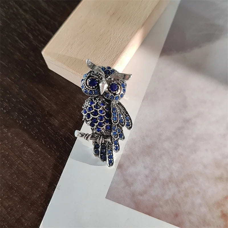 Zircon Blue Owl Brooches Crystal Enamel Jewelry for Clothes Scarf Collar