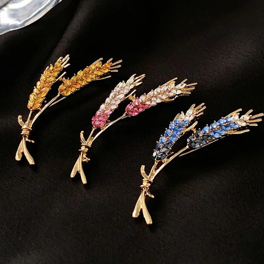 Wheat Sheaf Cubic Zirconia Gold Brooch Crystal Jewelry