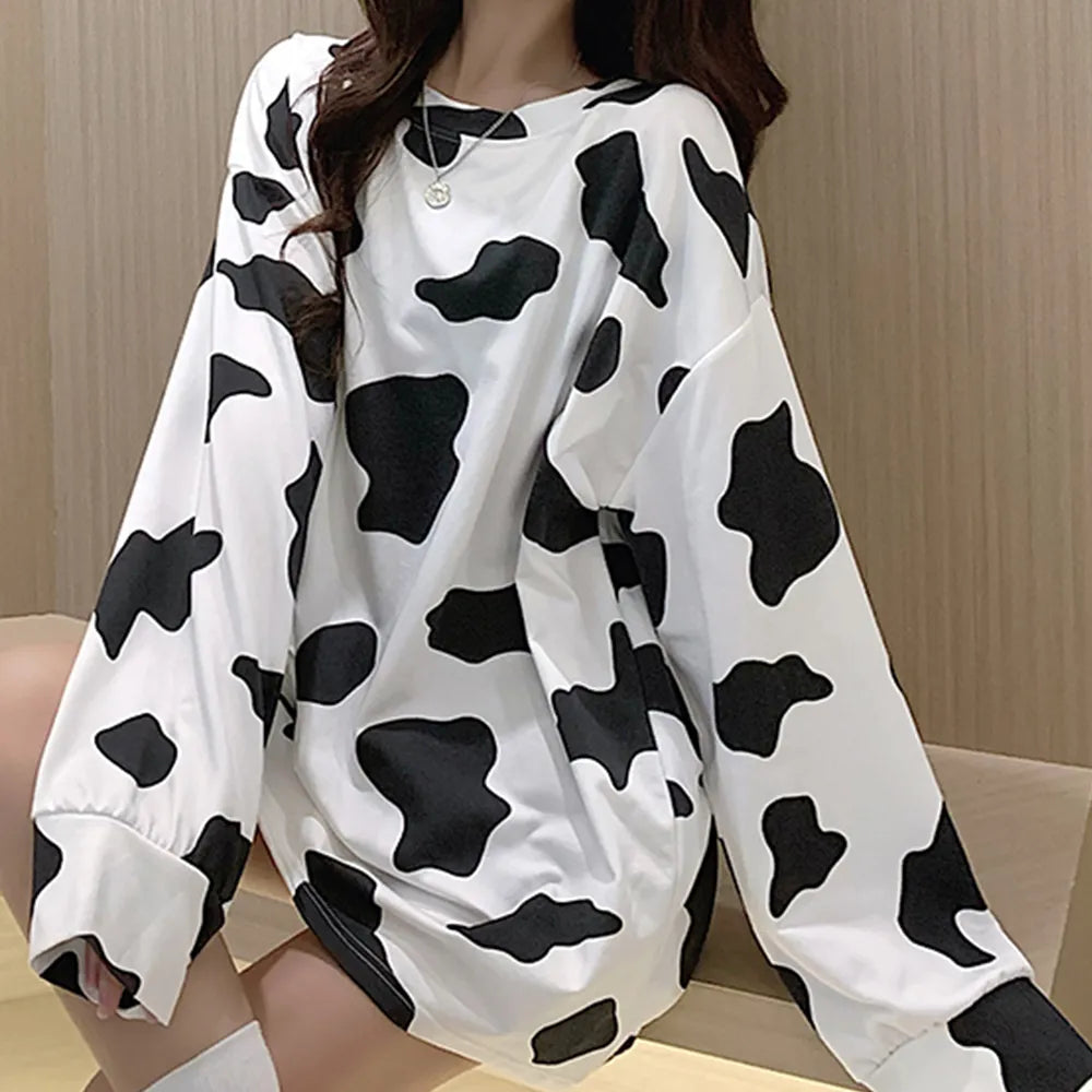 Long Sleeve Loose Cow Print Top