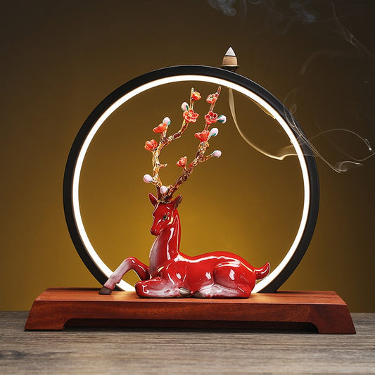 Blossom Deer Round Backflow Incense Burner LED Lamp