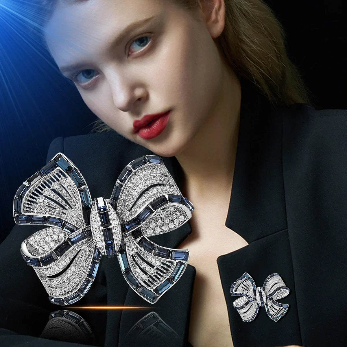 Crystal Blue Bowknot Brooch for Women - Elegant Office Pin