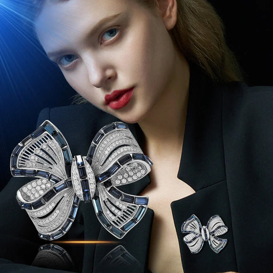 Crystal Blue Bowknot Brooch for Women - Elegant Office Pin