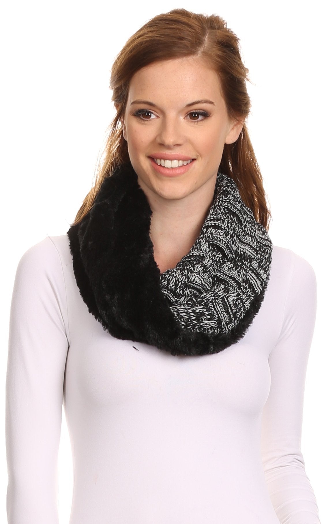 Sakkas Dalien Short Length Two Sided Faux Fur Ribbed Cable Knit Infinity Scarf - Concordia Style Boutique