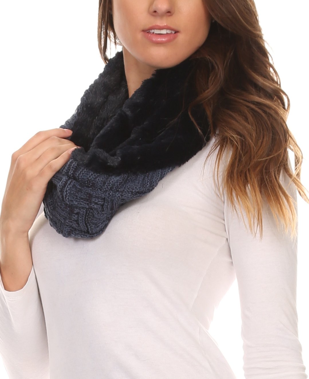 Sakkas Dalien Short Length Two Sided Faux Fur Ribbed Cable Knit Infinity Scarf - Concordia Style Boutique