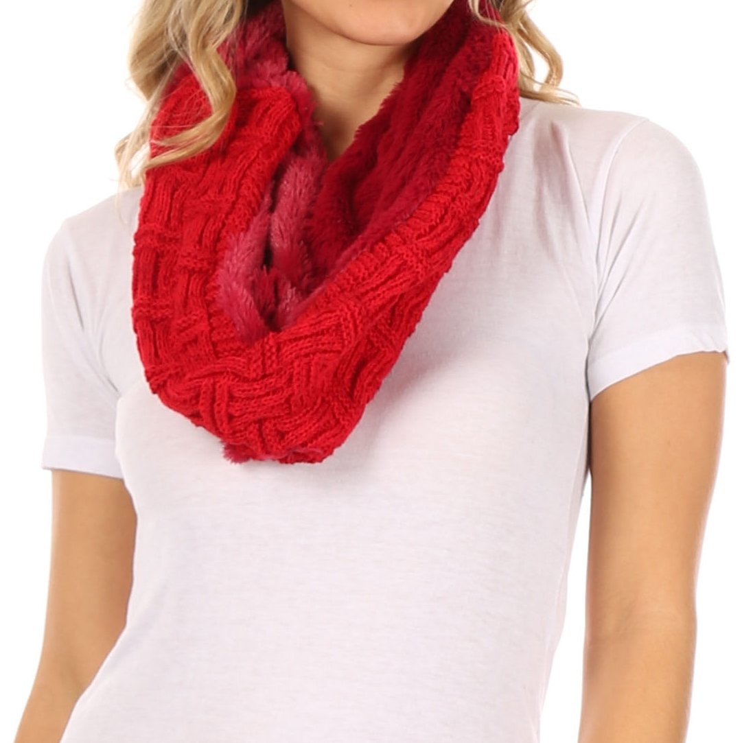 Sakkas Dalien Short Length Two Sided Faux Fur Ribbed Cable Knit Infinity Scarf - Concordia Style Boutique