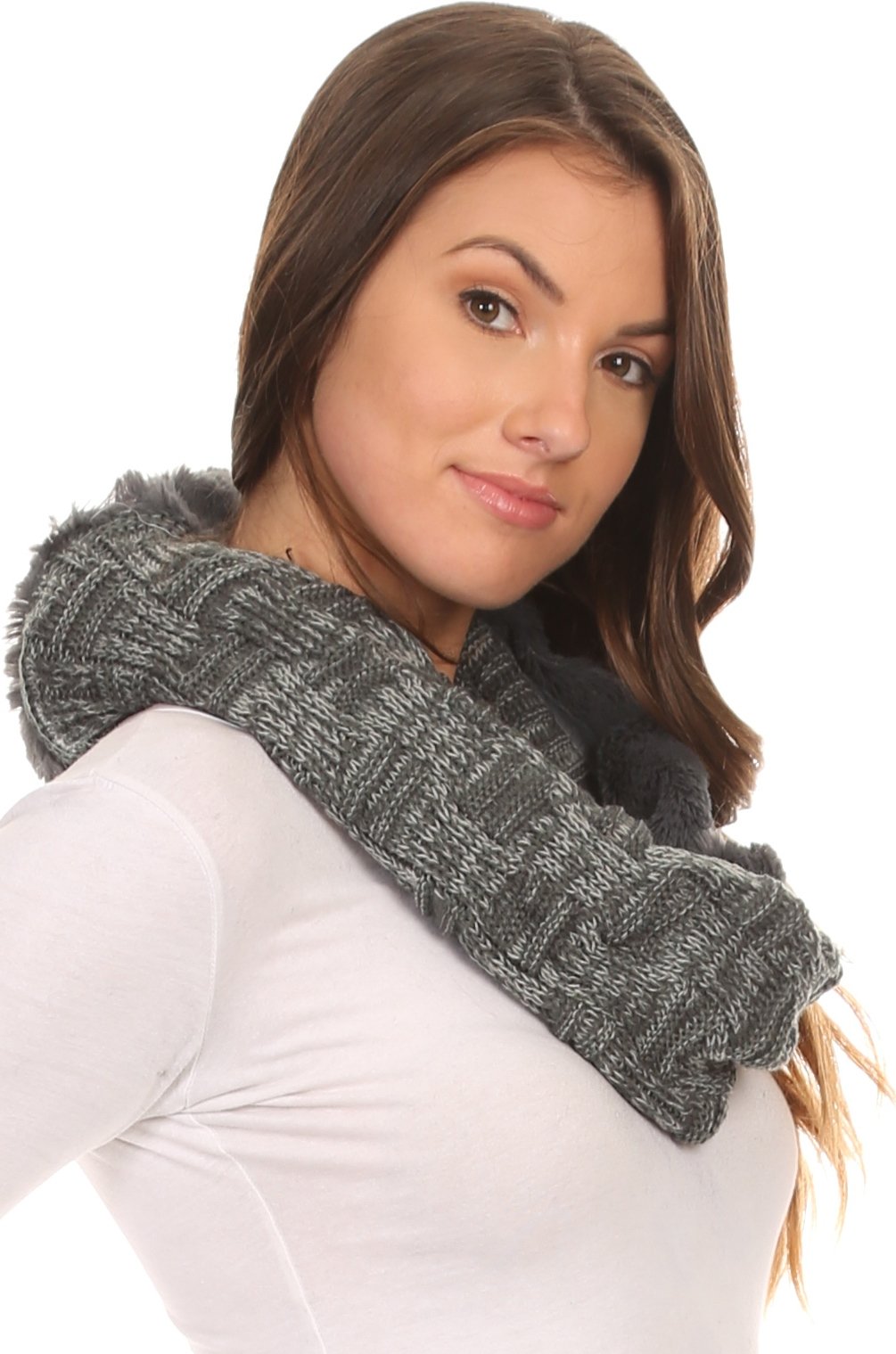 Sakkas Dalien Short Length Two Sided Faux Fur Ribbed Cable Knit Infinity Scarf - Concordia Style Boutique