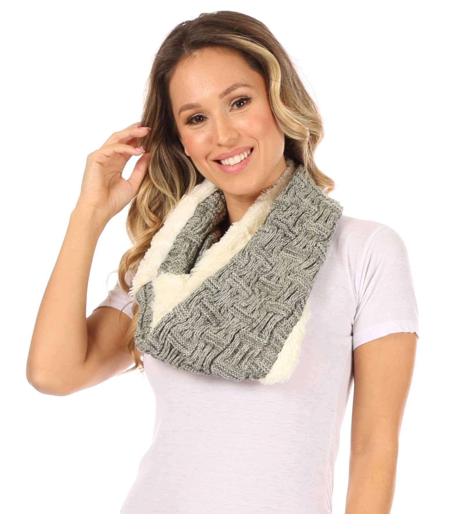 Sakkas Dalien Short Length Two Sided Faux Fur Ribbed Cable Knit Infinity Scarf - Concordia Style Boutique