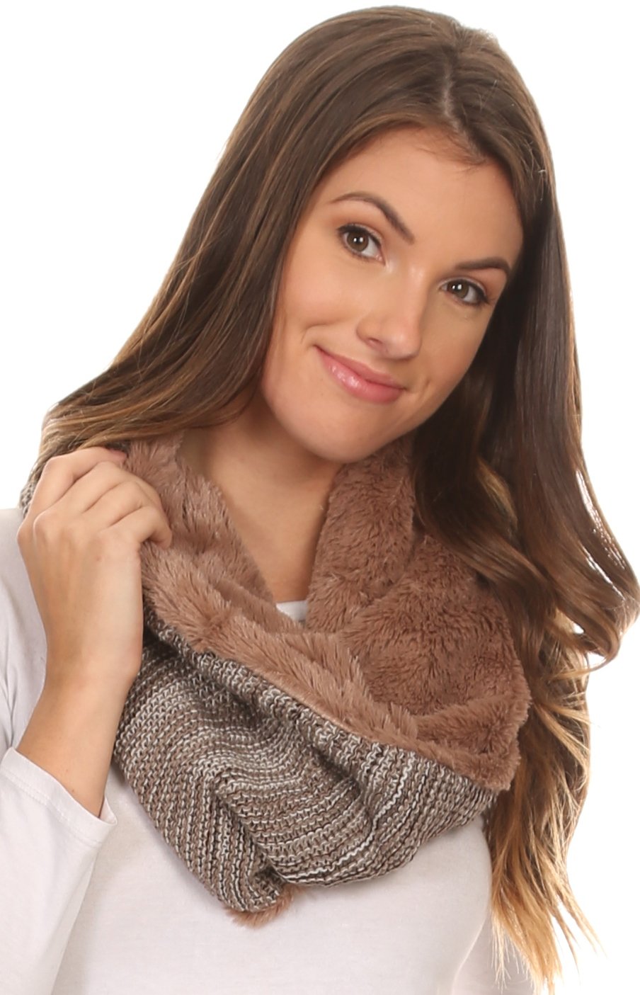 Sakkas Sele Short Two Textured Faux Fur Ribbed Knit Mixed Designed Infinity Scarf - Concordia Style Boutique