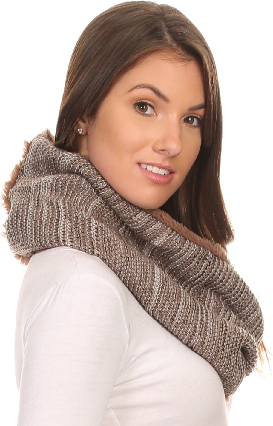 Sakkas Sele Short Two Textured Faux Fur Ribbed Knit Mixed Designed Infinity Scarf - Concordia Style Boutique
