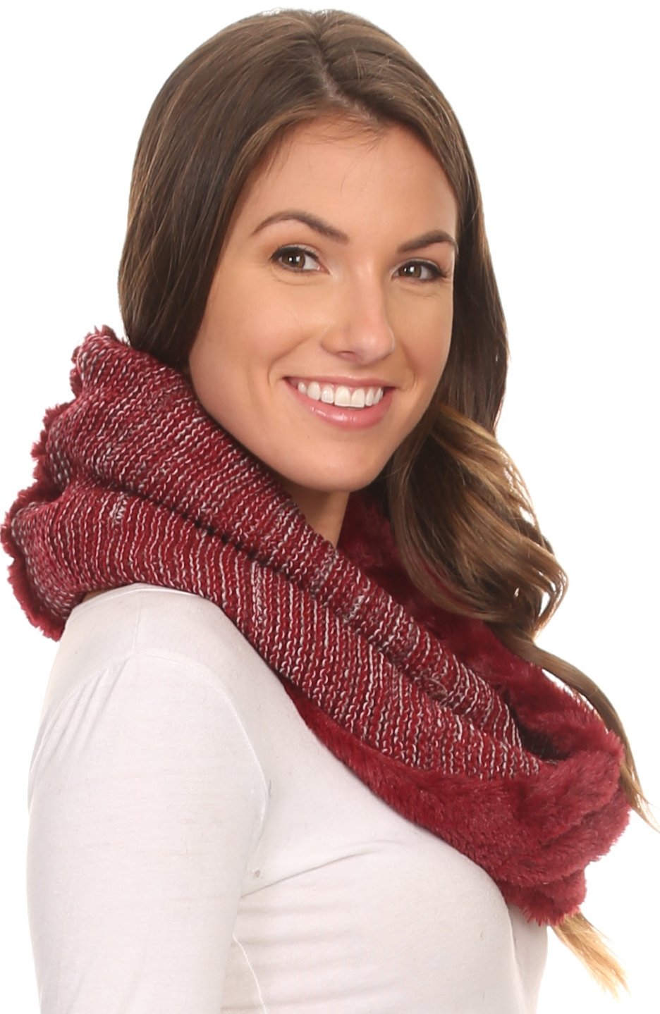 Sakkas Sele Short Two Textured Faux Fur Ribbed Knit Mixed Designed Infinity Scarf - Concordia Style Boutique