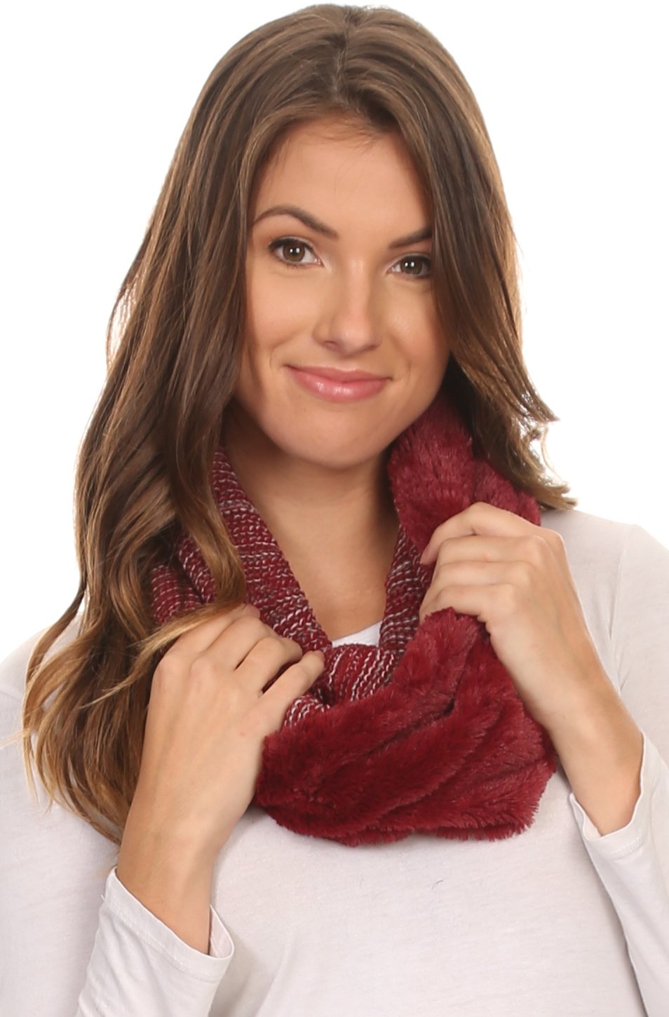 Sakkas Sele Short Two Textured Faux Fur Ribbed Knit Mixed Designed Infinity Scarf - Concordia Style Boutique