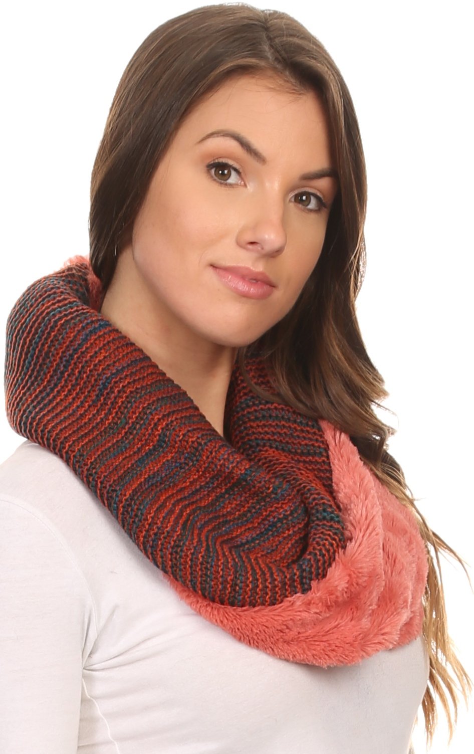Sakkas Sele Short Two Textured Faux Fur Ribbed Knit Mixed Designed Infinity Scarf - Concordia Style Boutique