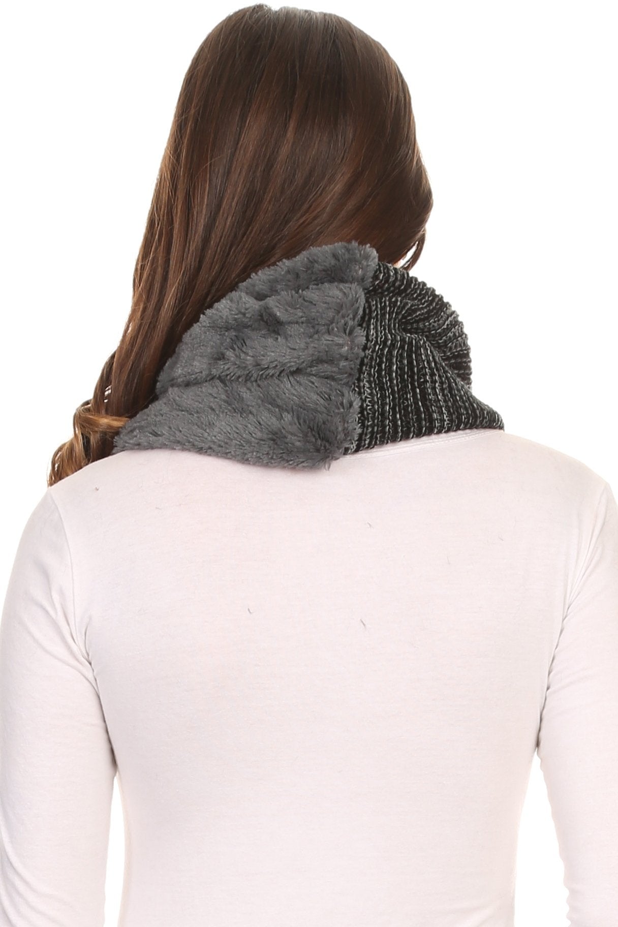 Sakkas Sele Short Two Textured Faux Fur Ribbed Knit Mixed Designed Infinity Scarf - Concordia Style Boutique