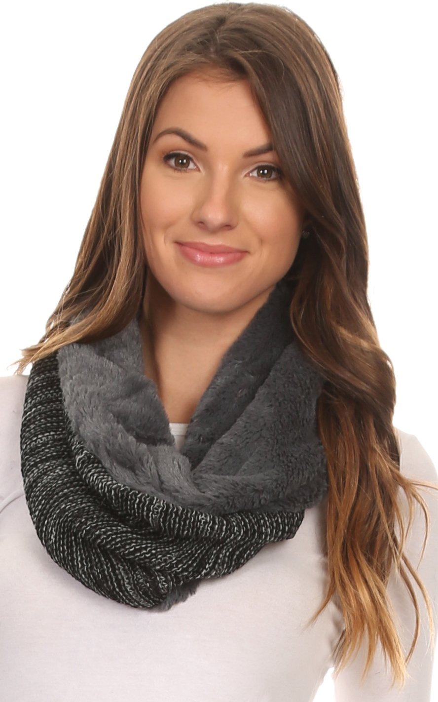 Sakkas Sele Short Two Textured Faux Fur Ribbed Knit Mixed Designed Infinity Scarf - Concordia Style Boutique